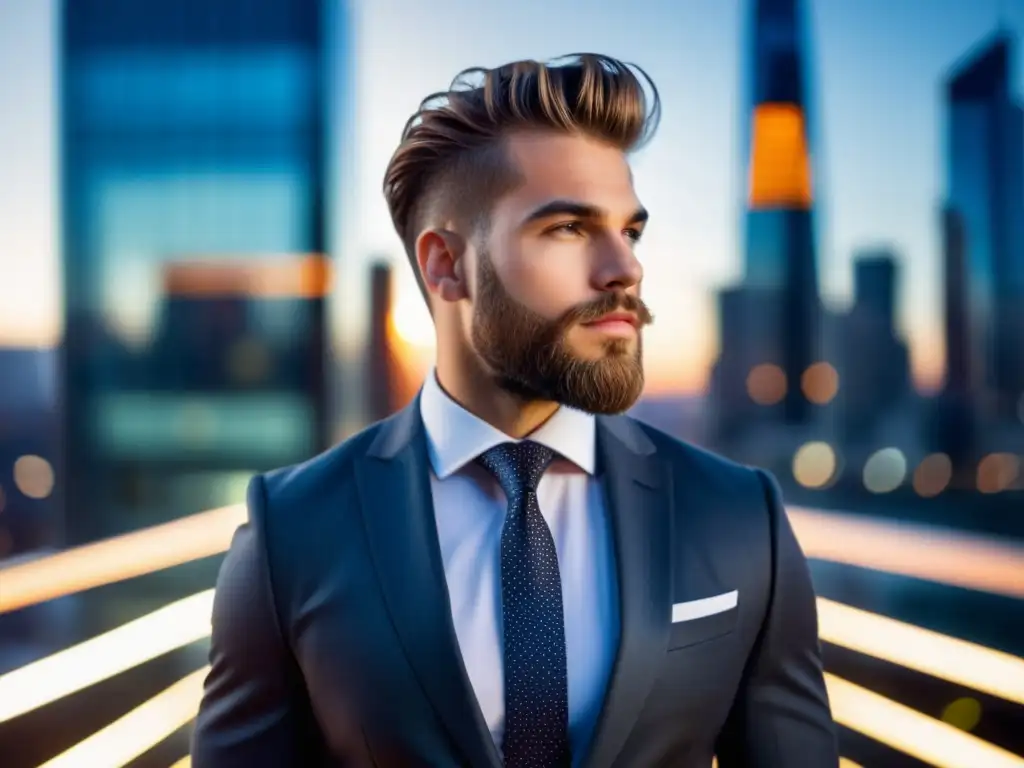 Hombre moderno en traje elegante, reflejando ciudad vibrante