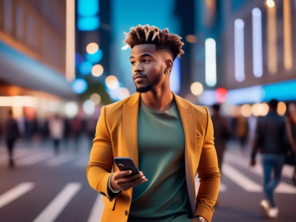 Influencia redes sociales moda masculina, hombre urbano con estilo camina por ciudad iluminada, captura momento con smartphone