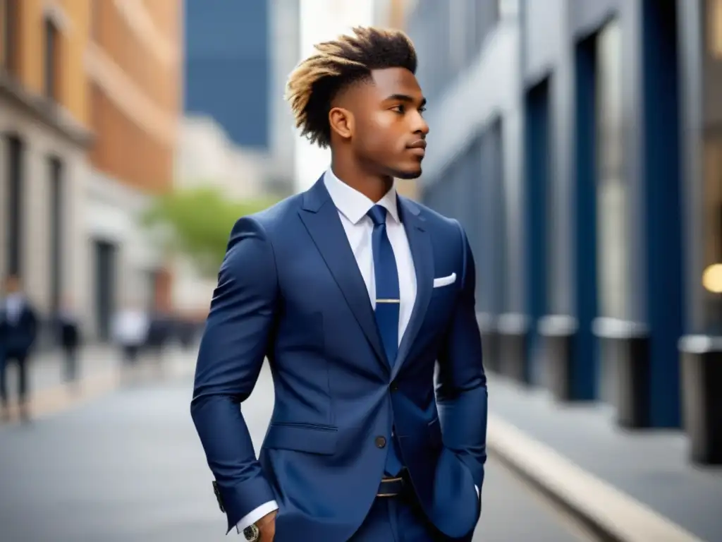 Joven elegante en un entorno urbano vibrante, luciendo un traje azul marino a medida, camisa blanca y corbata negra