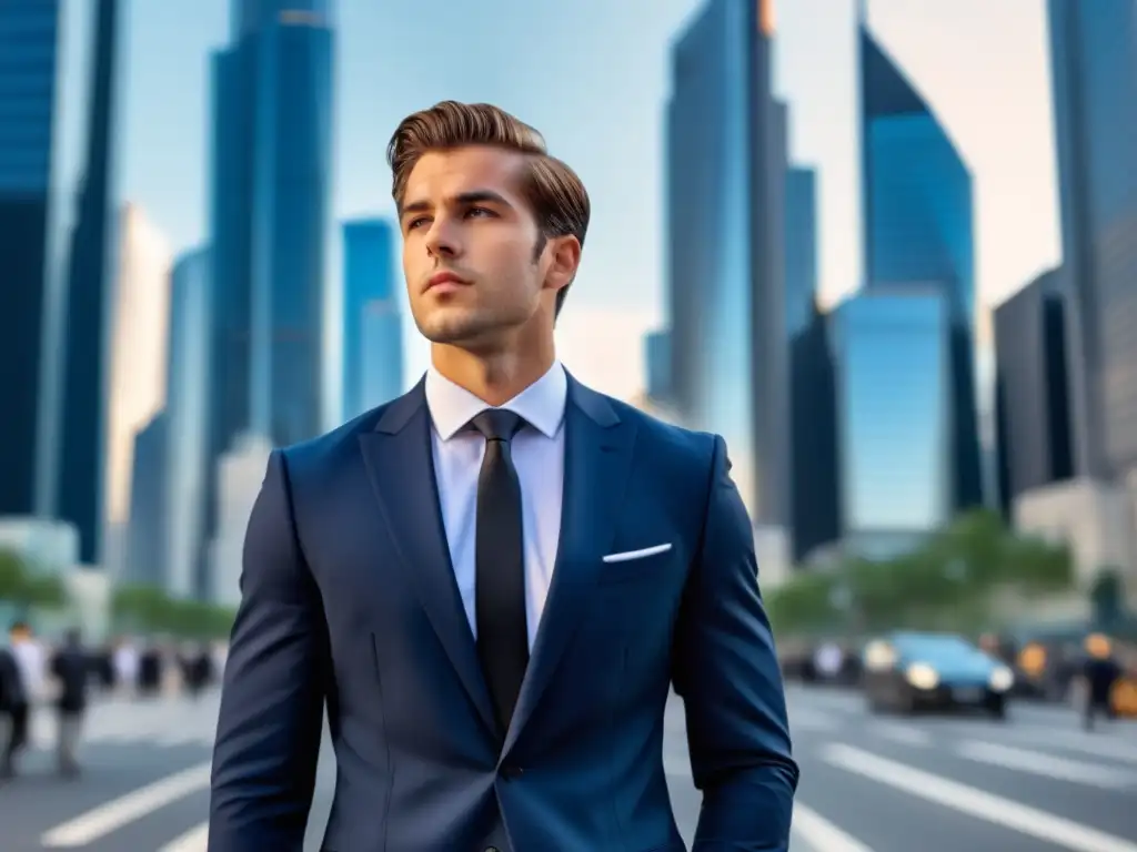 Moda masculina como empoderamiento: hombre confiado en traje azul marino en la ciudad