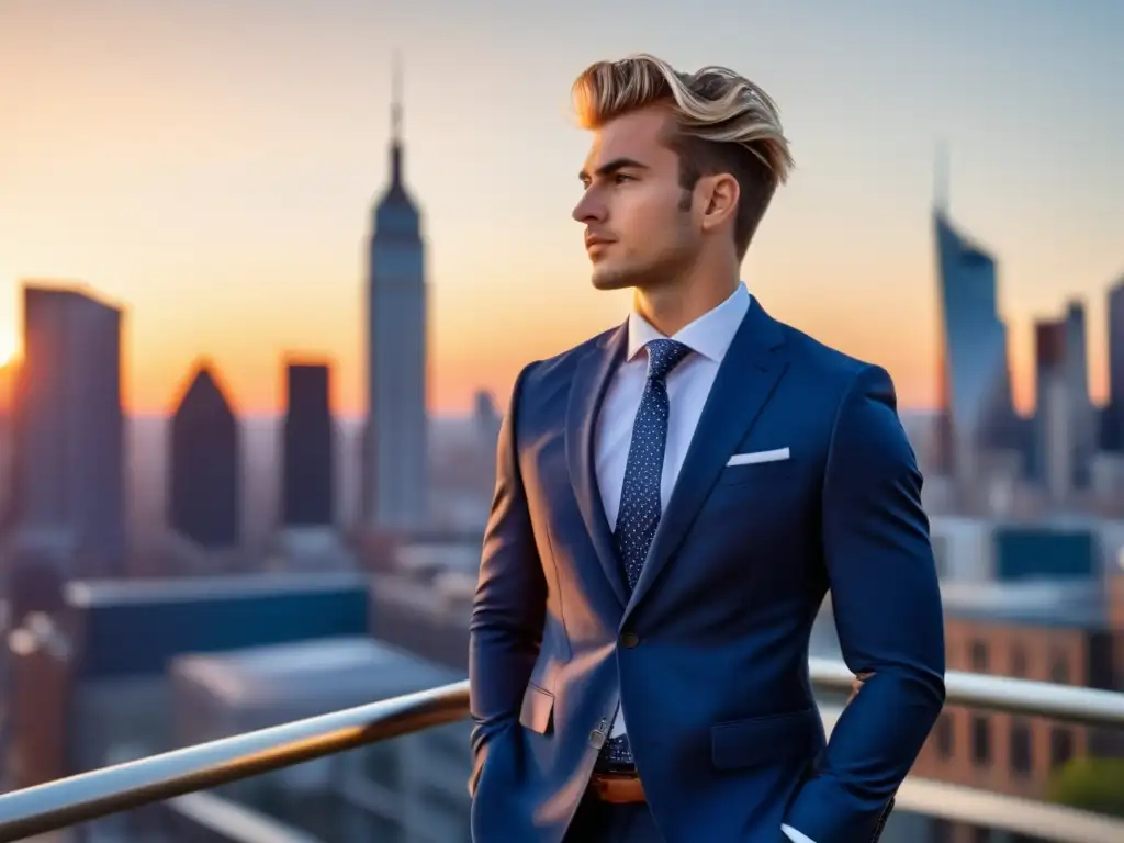 Hombre elegante mezcla estilos moda masculina en ciudad al atardecer