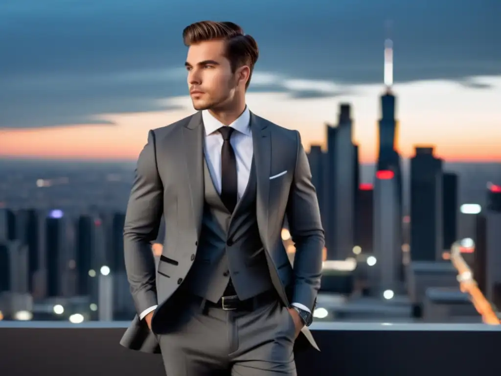 Fotografía moda masculina moderna: hombre elegante de traje en ciudad al atardecer