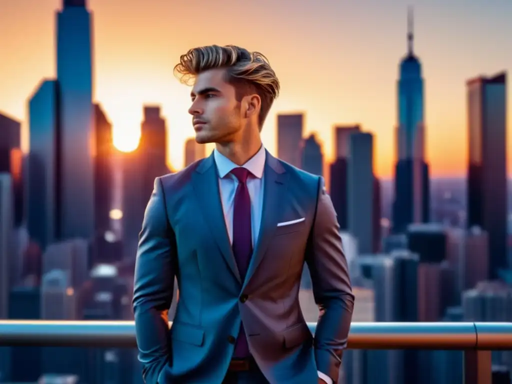 Un joven elegante en un vibrante entorno urbano, irradiando confianza y estilo con un look moderno y sofisticado