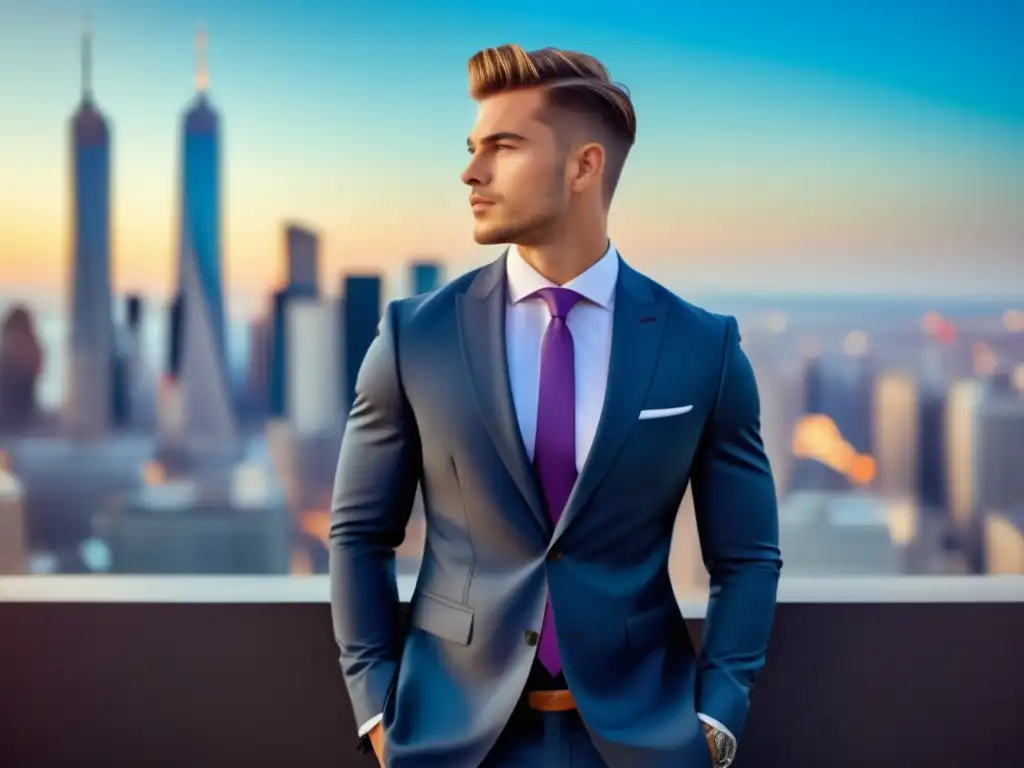 Influencia moda masculina: joven elegante y seguro en ciudad vibrante, traje impecable, confianza y estilo contemporáneo