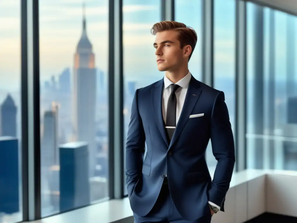 Moda masculina juvenil para la oficina: Consejos de estilo profesional - Joven elegante en traje azul marino en oficina moderna