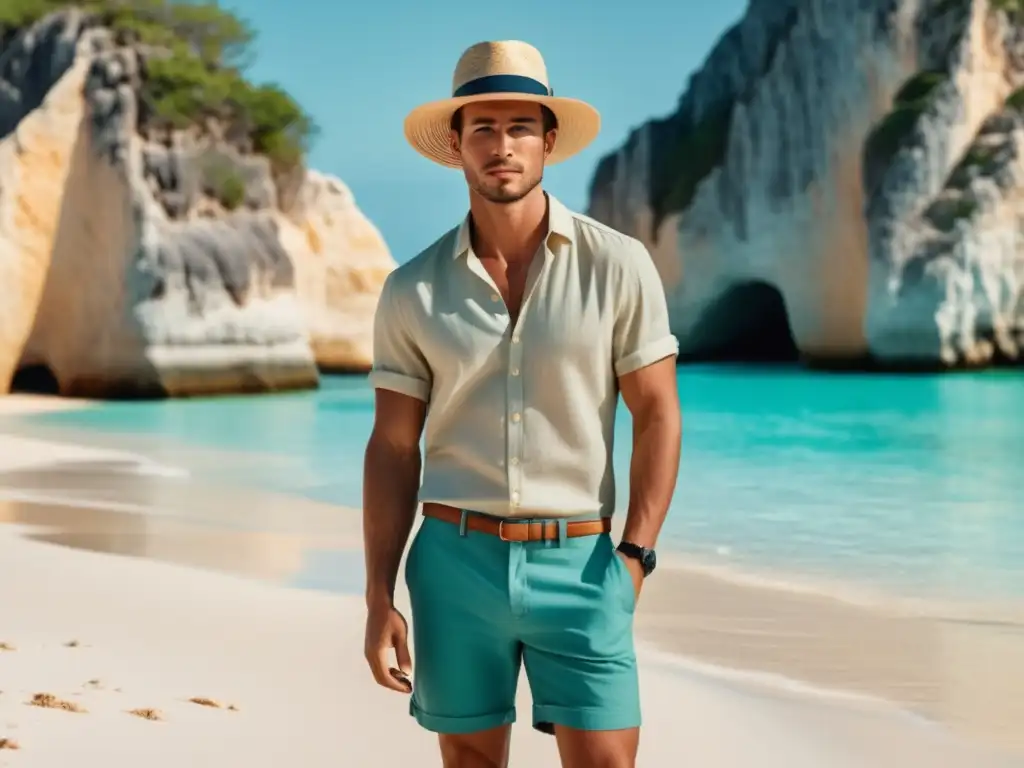Hombre elegante en playa paradisíaca Guía estilo masculino playa: Joven elegante en playa paradisíaca, resaltando cuidado solar
