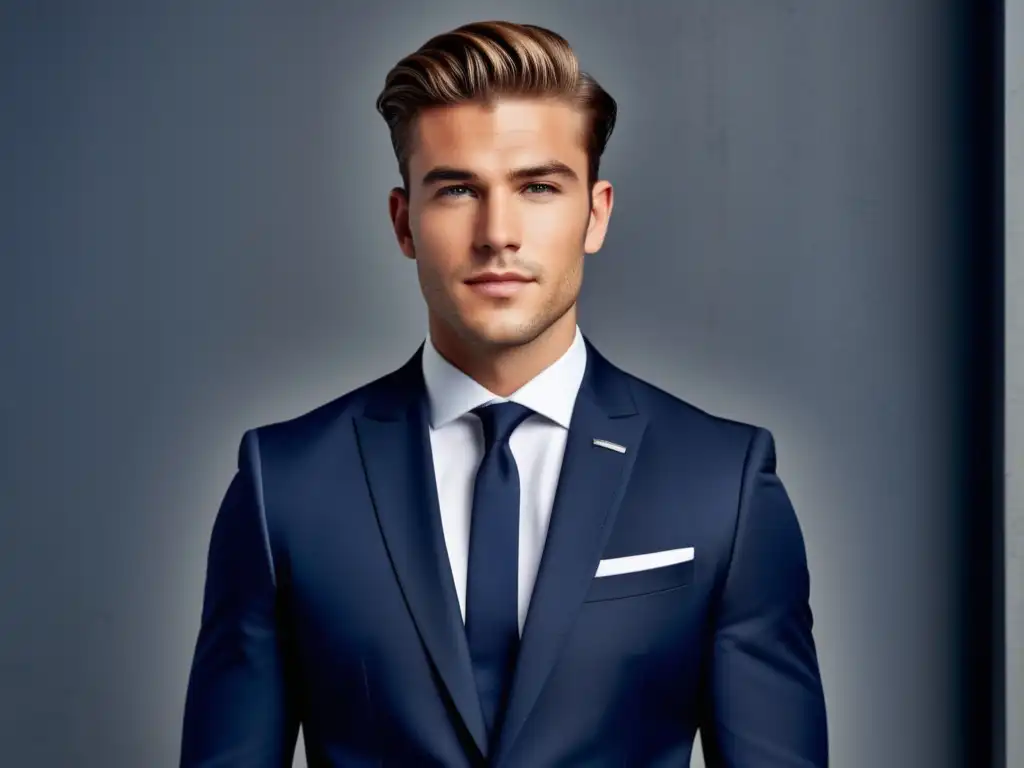 Moda masculina para mejorar autoestima - Hombre elegante y seguro de sí mismo vistiendo un traje azul marino a medida, resaltando su físico masculino