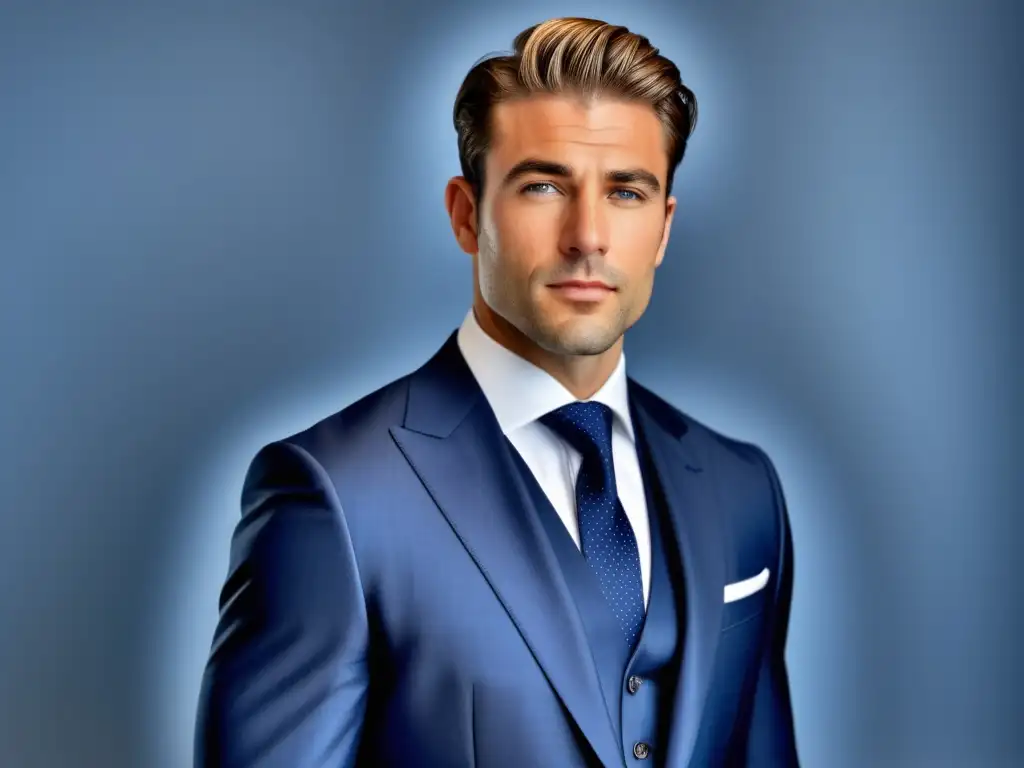 Conexión estilo y autoestima en hombre elegante en traje azul, ciudad moderna