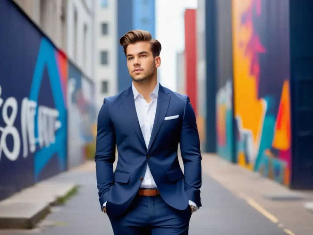 Joven elegante viste traje azul marino, camisa blanca, corbata burdeos y zapatos marrones