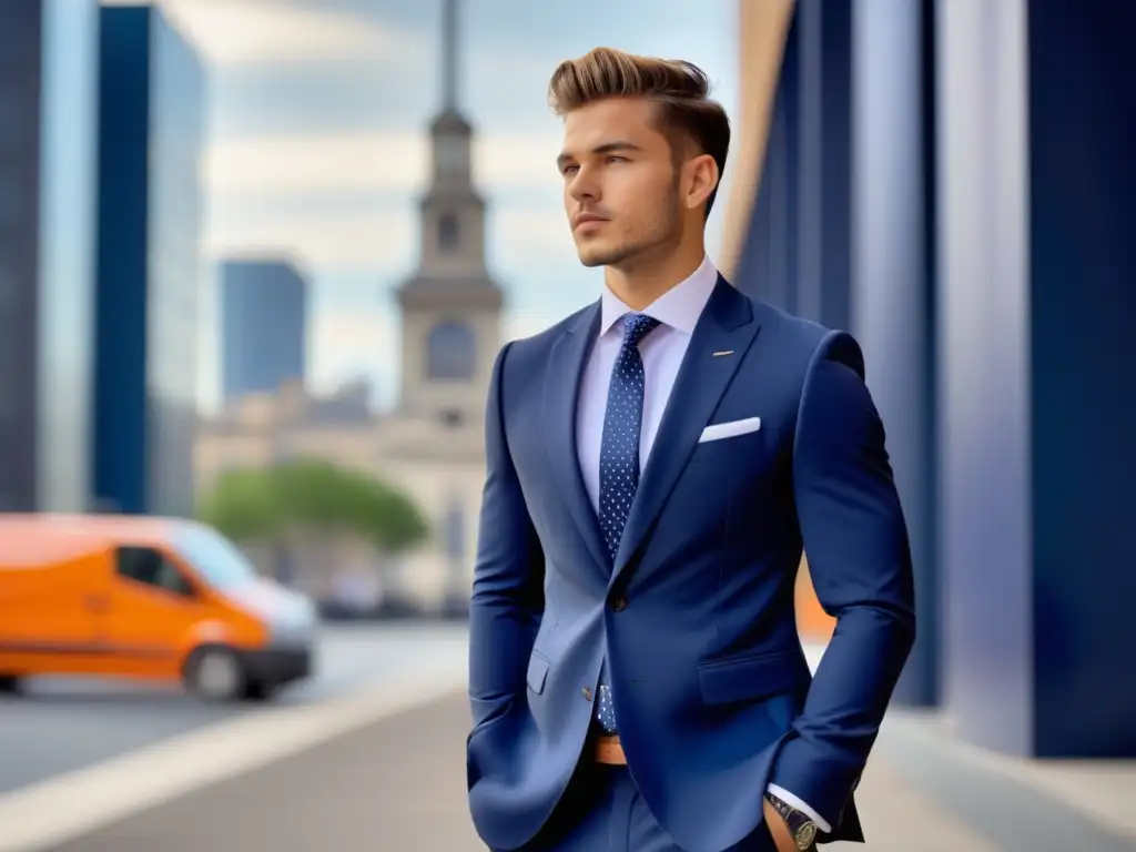 Moda masculina tendencias sociedad: Joven elegante y seguro de sí mismo, con traje azul marino a medida, en un entorno urbano vibrante