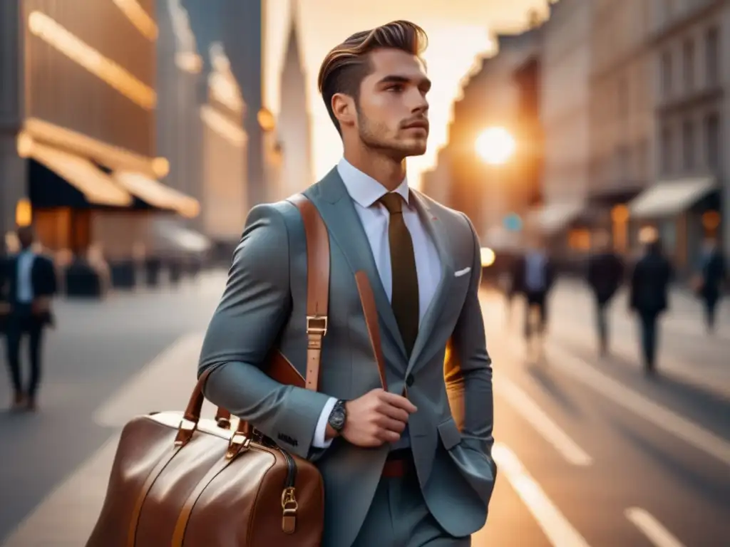 Joven elegante en la ciudad Joven elegante en traje urbano con maleta y mapa, reflejando tendencias de moda masculina en viajes por la ciudad