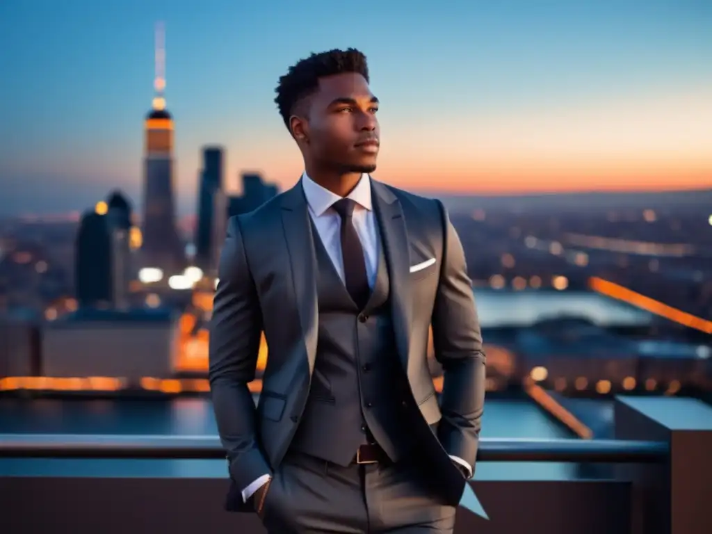 Consejos: Estilo del hombre en traje frente a una impresionante ciudad al atardecer