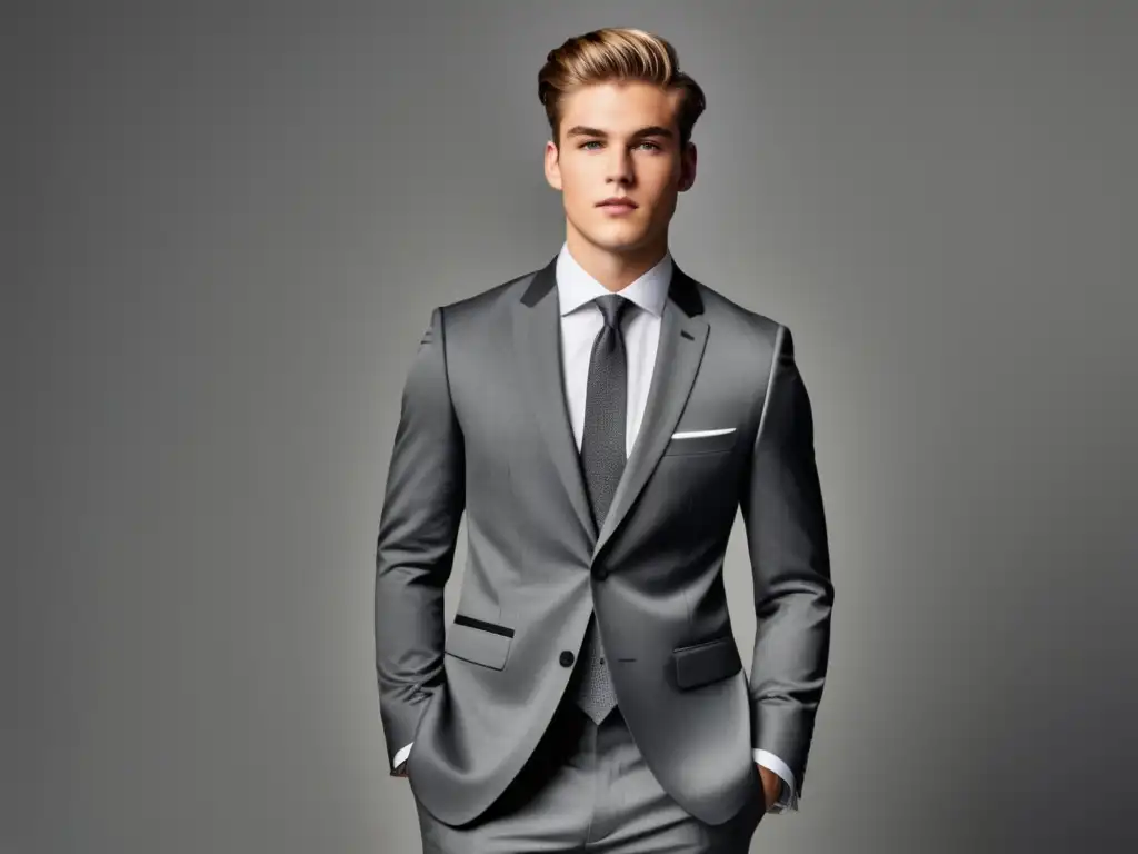 Vestimenta elegante para hombres jóvenes, traje gris ajustado con camisa blanca, corbata y detalles sofisticados