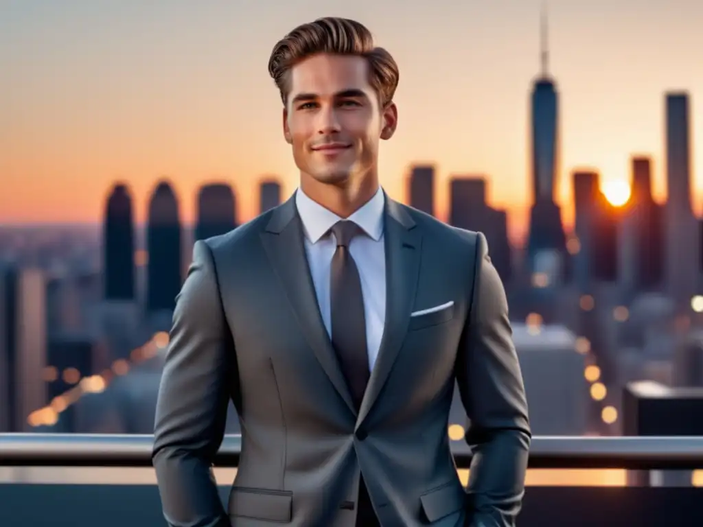 Vestimenta elegante para hombres jóvenes: joven elegante en traje gris ajustado, sonriendo ante la ciudad al atardecer