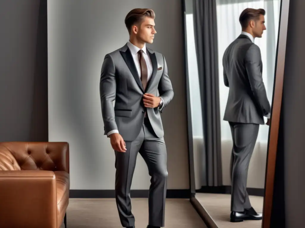 Joven elegante examinando su reflejo en un espejo de cuerpo entero, resaltando errores moda masculina juvenil