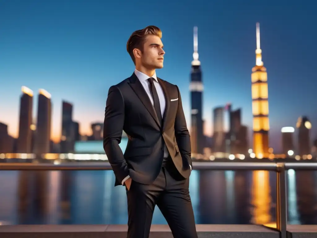 Un joven elegante y confiado en traje negro, camisa blanca y corbata negra, capturando la elegancia masculina en la ciudad al anochecer