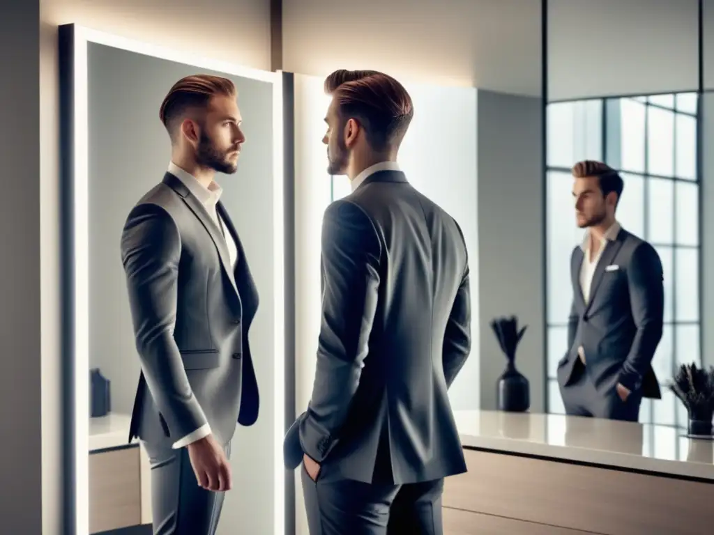 Joven elegante y seguro de sí mismo frente a un espejo en un vestidor minimalista, con impacto en moda y autoestima del hombre