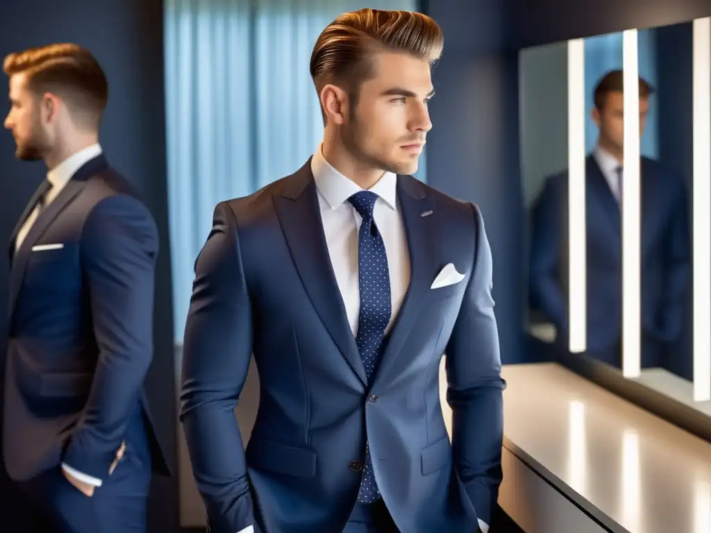 Joven elegante en vestuario azul marino con camisa blanca y corbata de seda, reflejado en espejo de vestidor minimalista