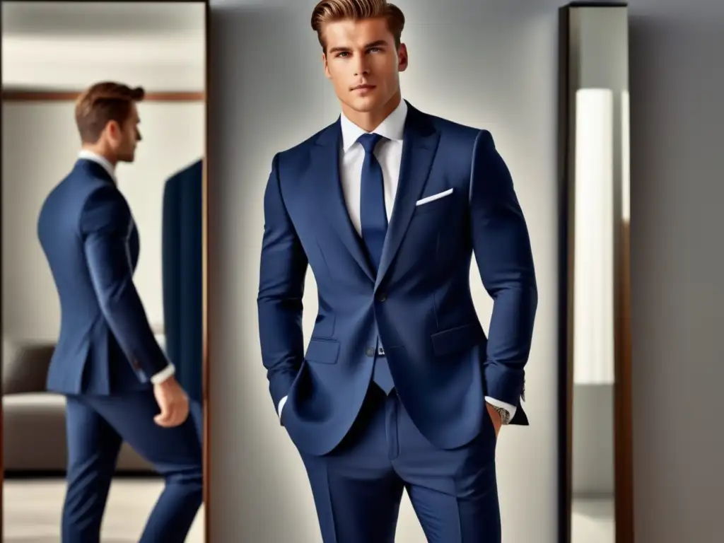 Moda masculina y autoestima: Joven seguro de sí mismo vistiendo un elegante traje azul marino, reflejado en un espejo de cuerpo entero