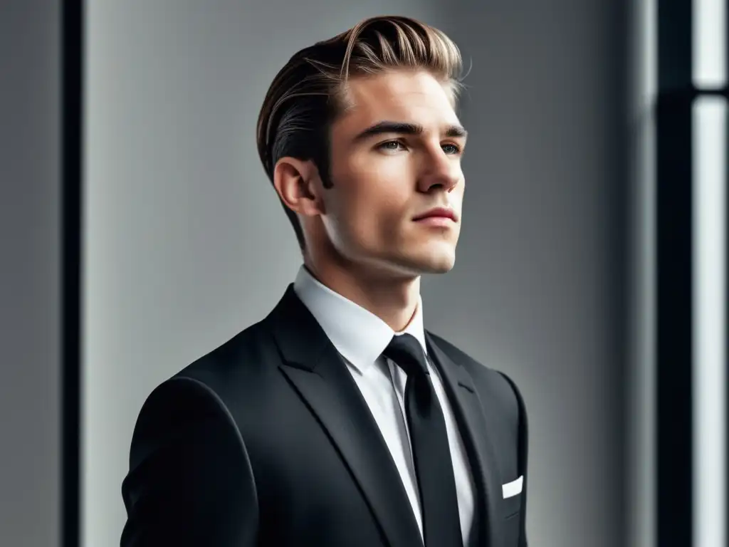 Moda masculina años 90: Joven elegante en traje negro minimalista