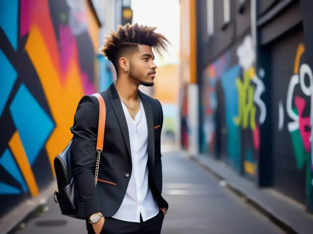 Joven elegante con blazer negro y graffiti urbano: Prendas básicas moda masculina juvenil