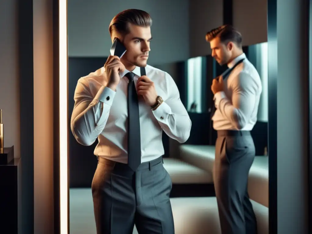 Hombre elegante se afeita con postura perfecta en baño lujoso