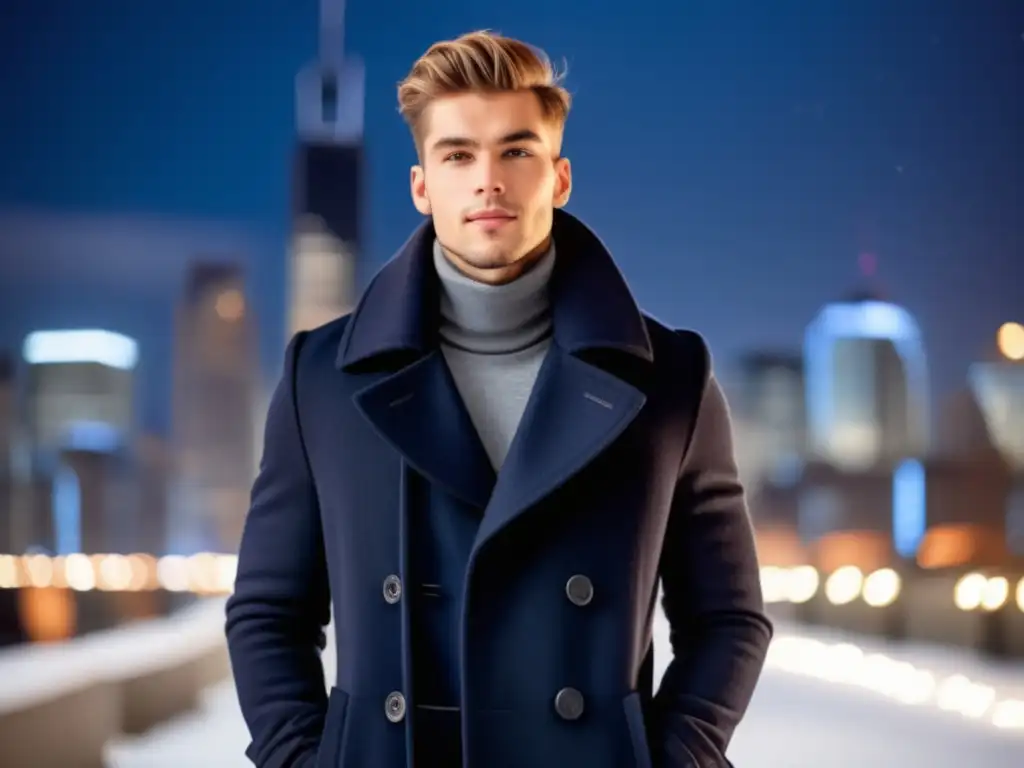 Estilo moda masculina invierno juvenil - Elegante joven en outfit invernal urbano con abrigo de lana azul marino, pantalones negros y botas de cuero