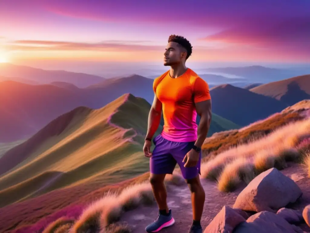 Hombre en la montaña al amanecer, reflejando energía y vitalidad