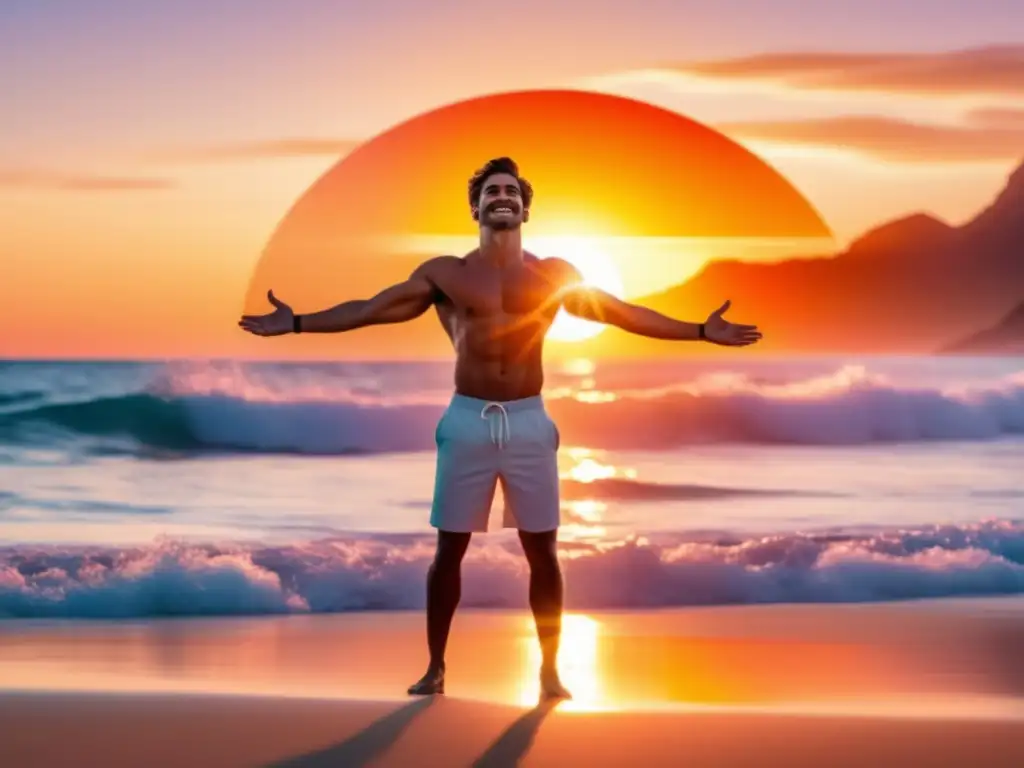 Hombre radiante frente a un amanecer vibrante en la playa, reflejando la importancia de la energía en la apariencia masculina