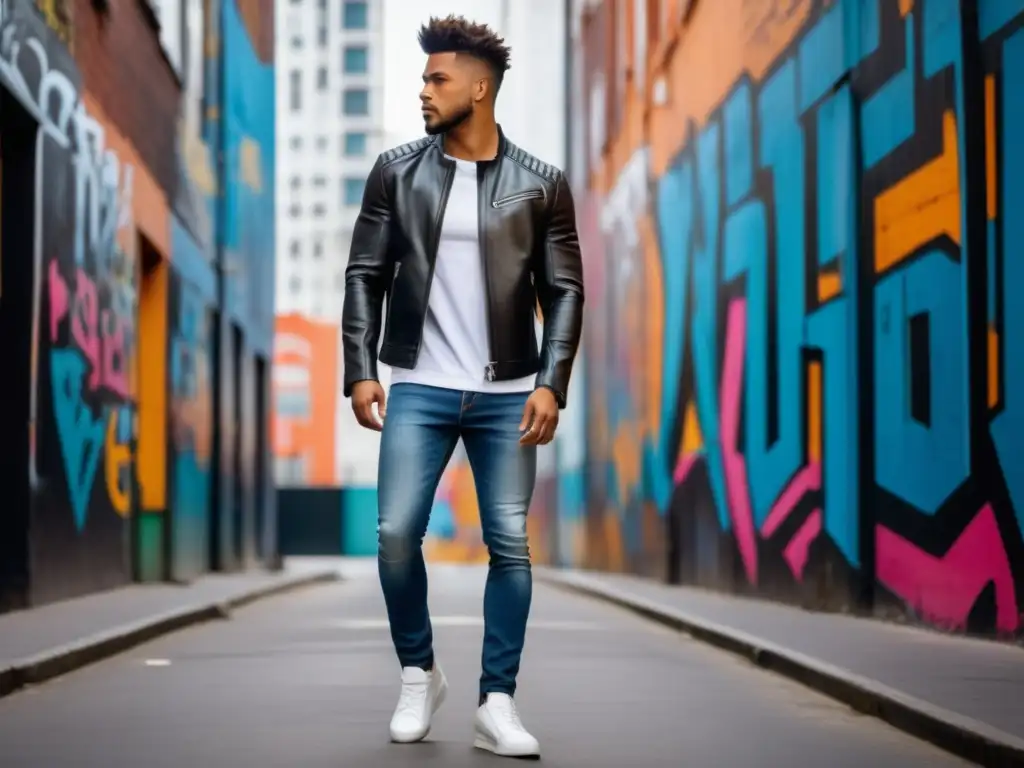 Joven con jeans slimfit y chaqueta de cuero en un entorno urbano