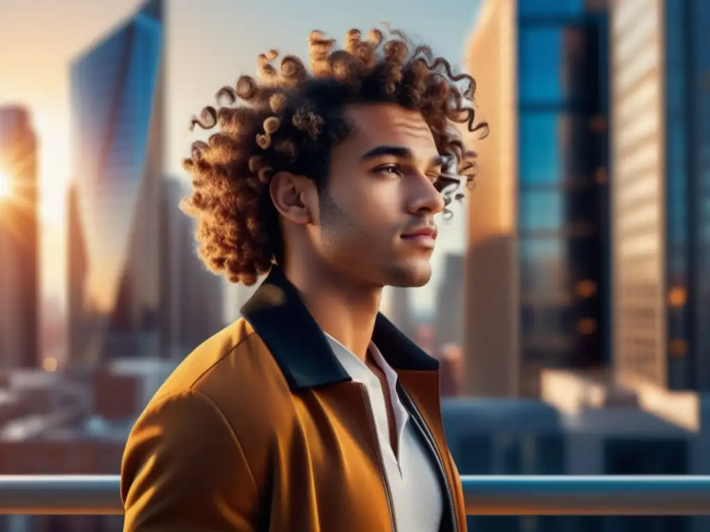 Joven con pelo rizado y peinado definido, en ciudad moderna