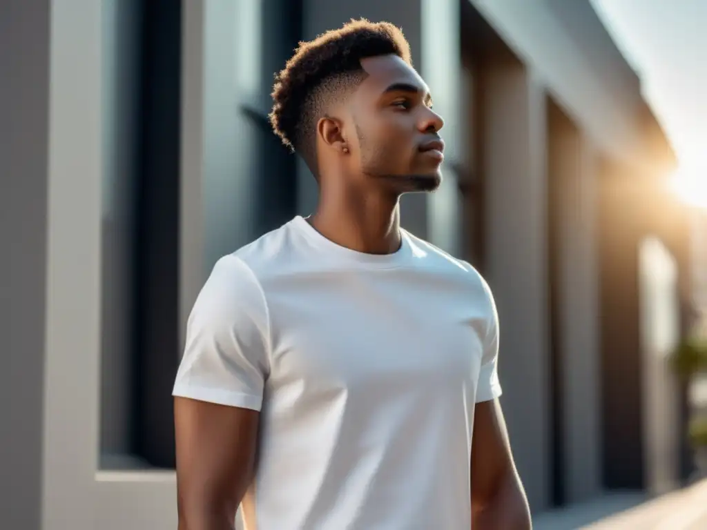 Un joven elegante en un entorno urbano minimalista, vistiendo una camiseta blanca y jeans negros