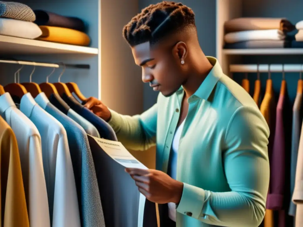 Hombre joven leyendo etiqueta, cuidado ropa, moda masculina juvenil, errores