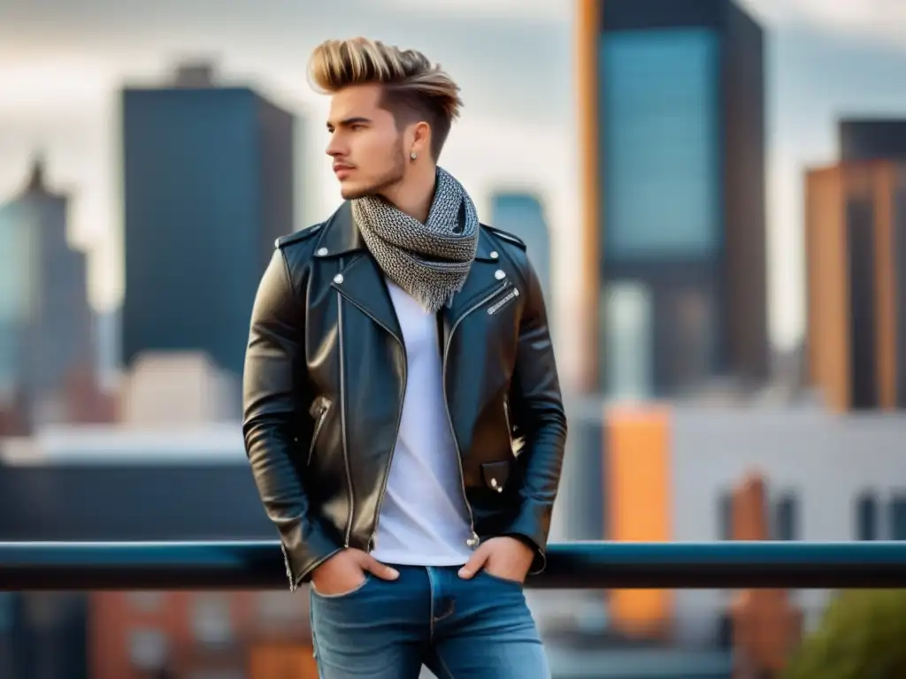 Tendencias moda masculina juvenil, joven estiloso con atuendo urbano y accesorios trendy