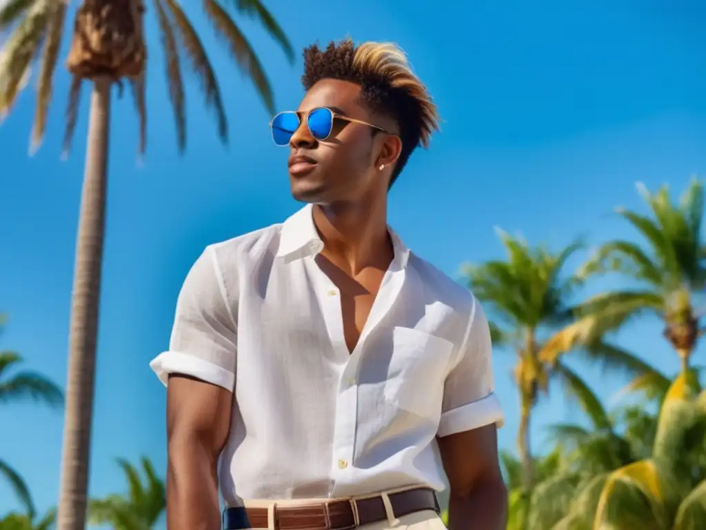 Tendencias moda masculina verano juvenil: Joven seguro de sí mismo posa con estilo veraniego entre palmeras y cielo azul