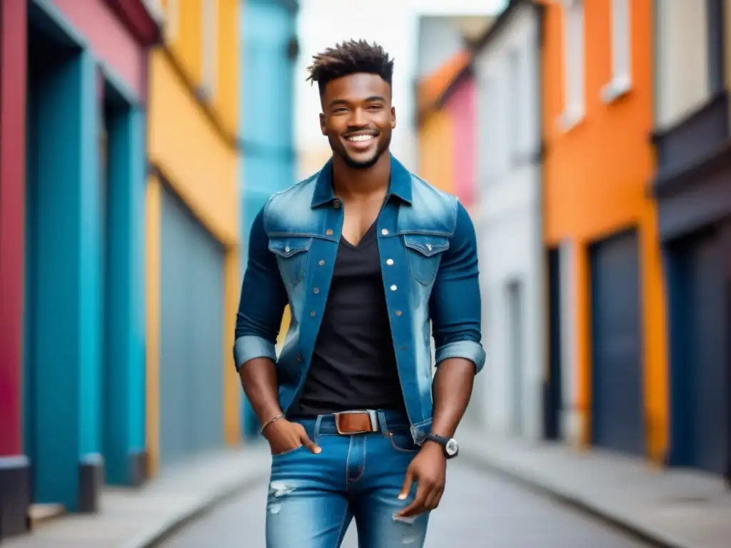 Joven estiloso con jeans perfectos en un entorno urbano vibrante