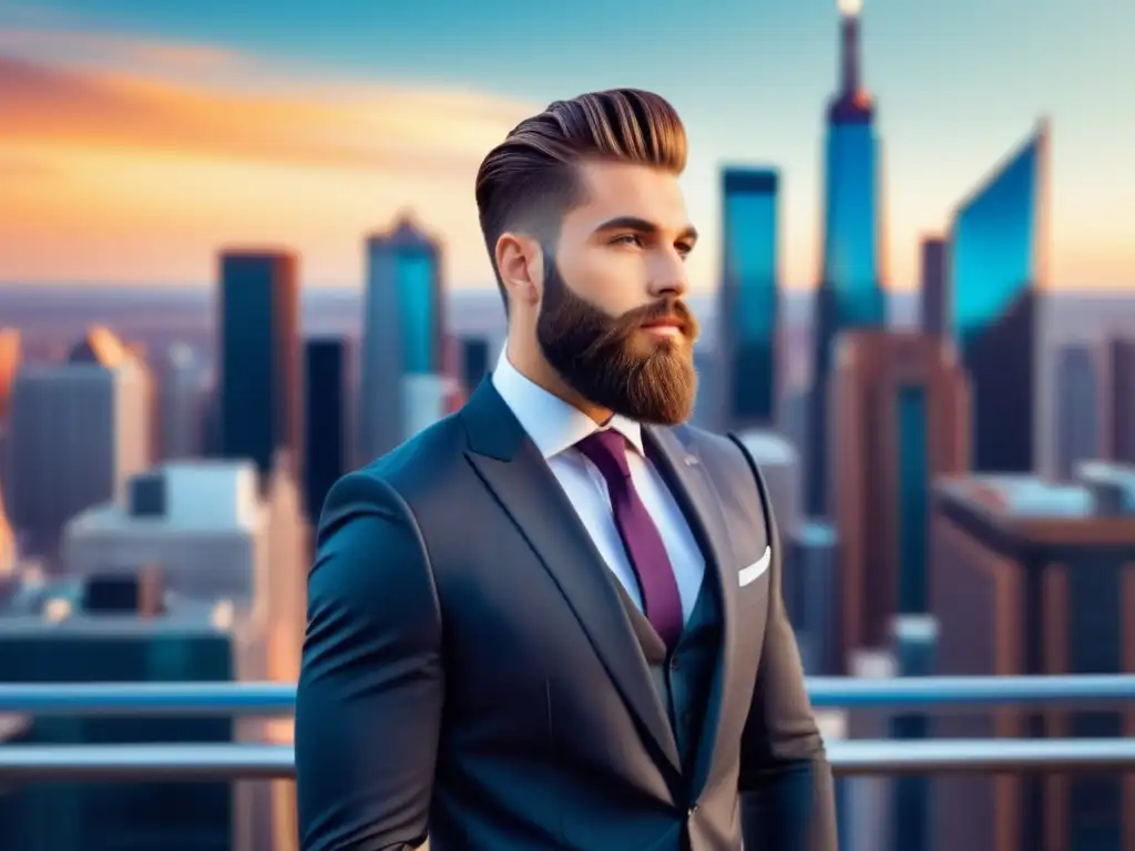 Tendencias moda masculina eventos: Joven elegante con barba y peinado moderno, confiado y estilizado en la ciudad vibrante