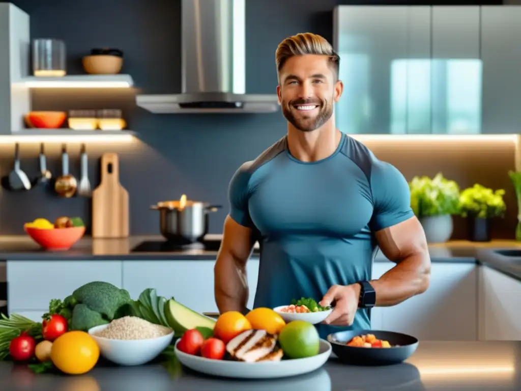 Un hombre joven y en forma en una cocina moderna con alimentos ricos en proteínas