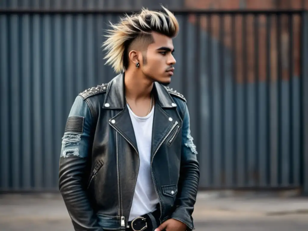 Tendencias moda masculina estilo Grunge: joven con look urbano y desenfadado, destacando detalles de outfit y accesorios