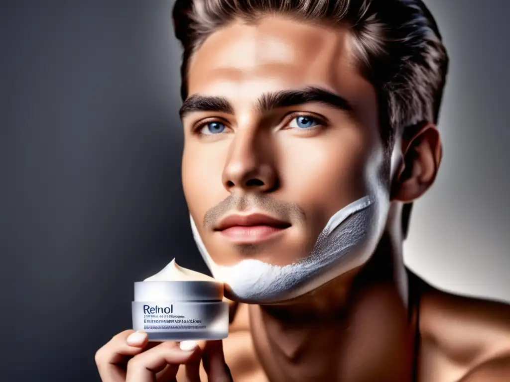 Beneficios del retinol para piel: joven aplicando crema con precisión, destacando empaque moderno y enfoque profesional