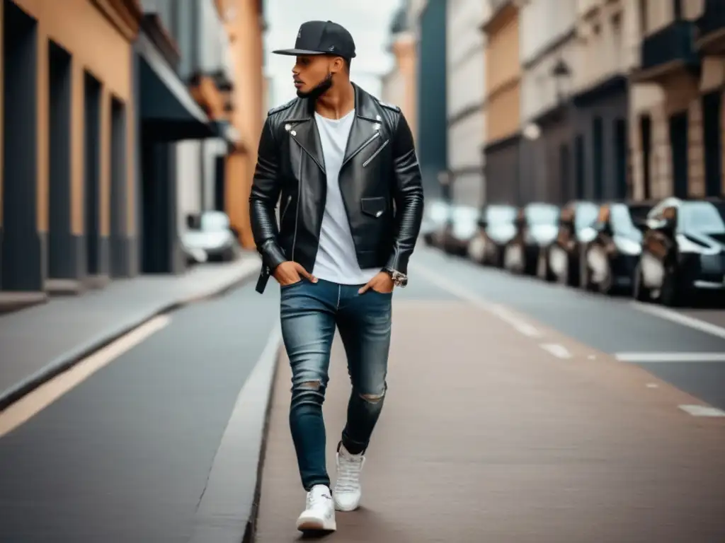 Consejos moda masculina juvenil: Joven estiloso caminando confiado por la ciudad con atuendo trendy y accesorios modernos