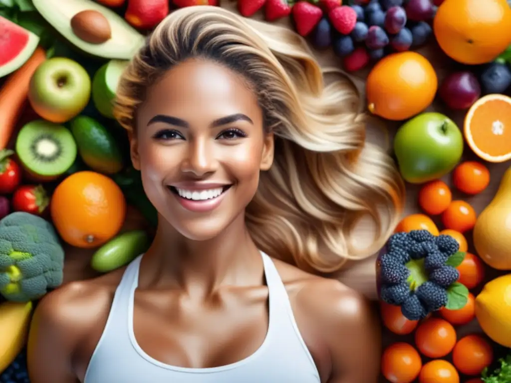 Mujer joven con piel radiante y saludable, sonriendo con confianza y vitalidad, reflejando los beneficios de una vida saludable