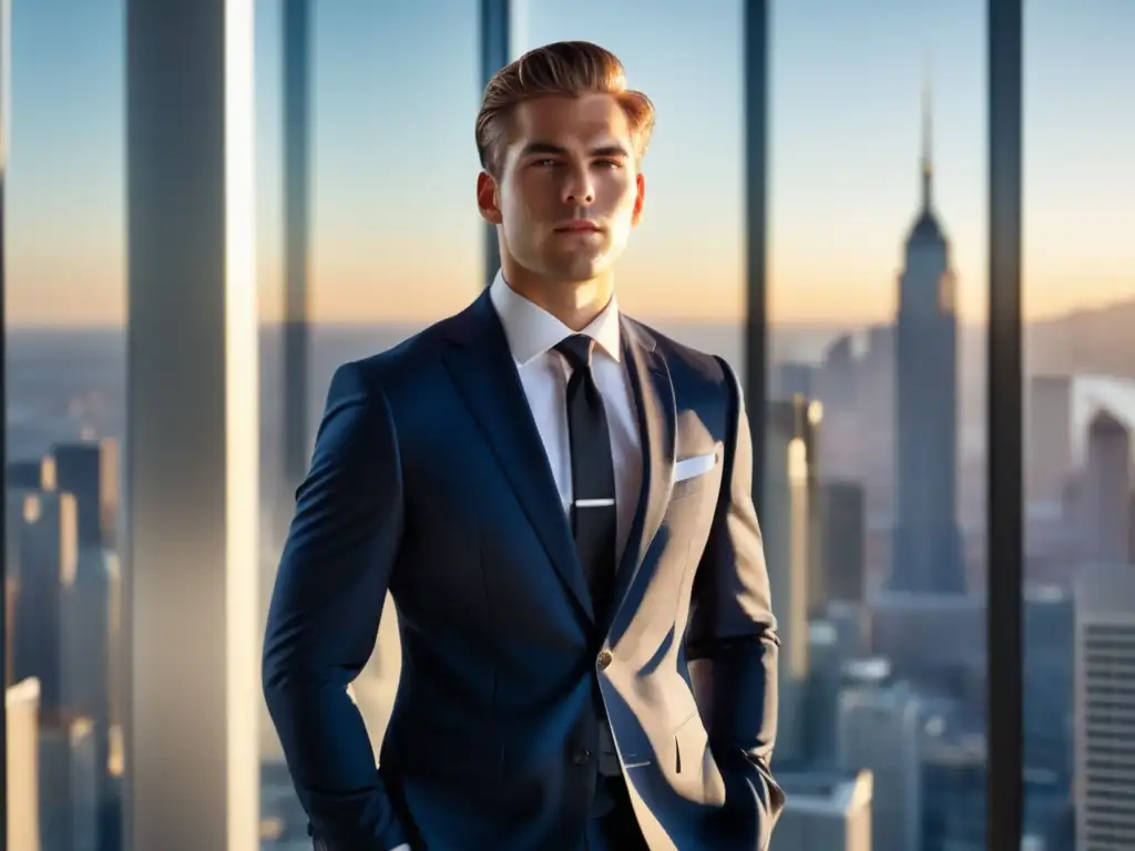 Hombre profesional en traje azul marino, camisa blanca y corbata negra, en un entorno moderno con vista a la ciudad