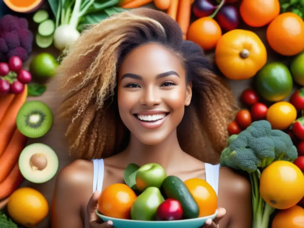 Mujer radiante con piel perfecta y cabello vibrante, reflejando los beneficios de una dieta equilibrada para la autoestima