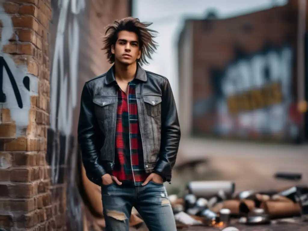 Joven estilo grunge con actitud rebelde en un entorno urbano, tendencias moda masculina estilo Grunge