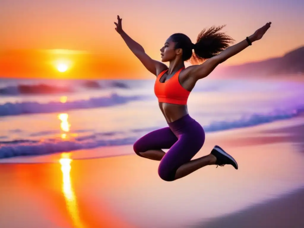 Mujer joven en atuendo de entrenamiento saltando en una playa al atardecer, reflejando los beneficios de la actividad física en la apariencia