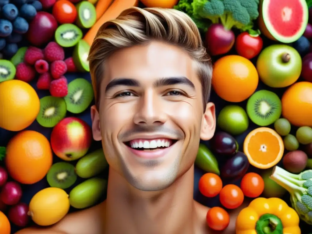 Beneficios antioxidantes para hombres con imagen vibrante y detallada de hombre joven y saludable rodeado de frutas y verduras coloridas