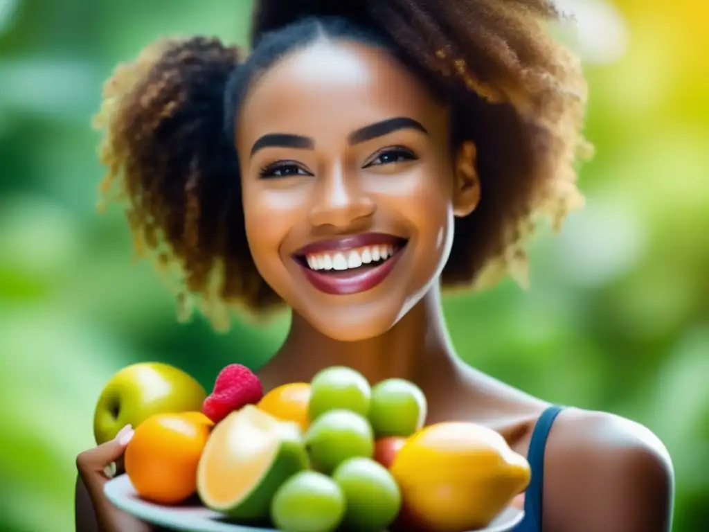 Mujer radiante con sonrisa y frutas: Beneficios de una dieta equilibrada en la autoestima