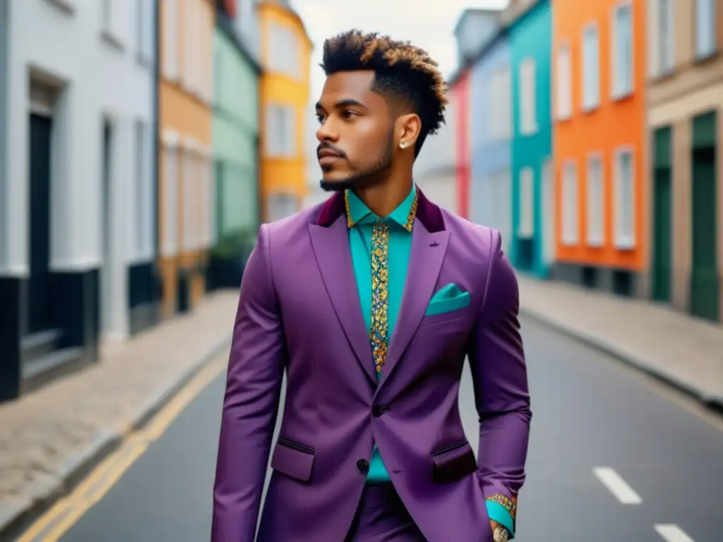 Tendencias moda masculina juvenil evolución: Joven elegante caminando por la ciudad con look moderno y vibrante