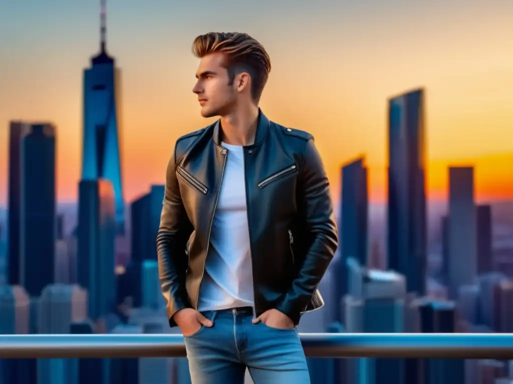 Guía moda masculina juvenil casualformal: joven confiado en atuendo casual, ciudad vibrante al fondo, chaqueta cuero negra, camiseta blanca, jeans oscuros, zapatillas blancas, collar plata, reloj moderno, peinado desenfadado y sonrisa confiada